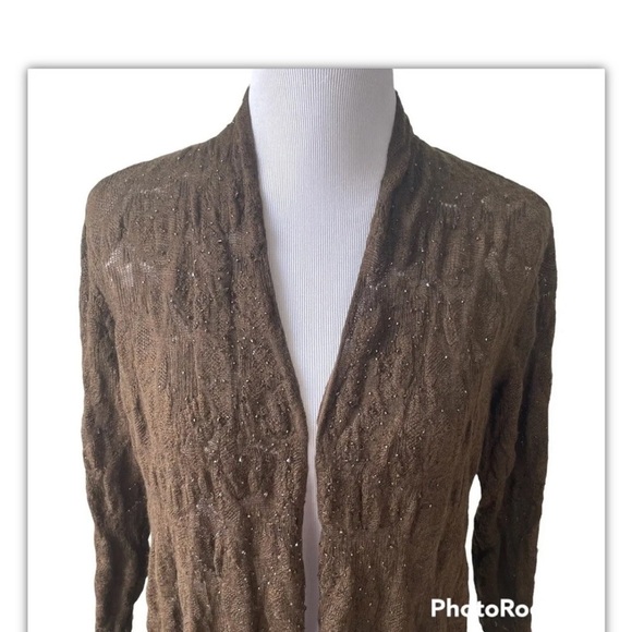 Eileen Fisher Brown Crystal Beaded Merino Wool Drape Front Cardigan Small - Picture 2 of 12